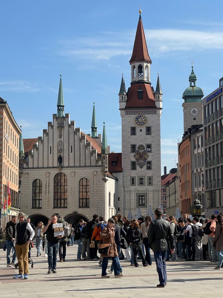 Drs. Feeney & Wildermuth lead travel abroad journey across Europe; Marienplatz looking toward the Altes Rathaus (Old Town Hall) tower.