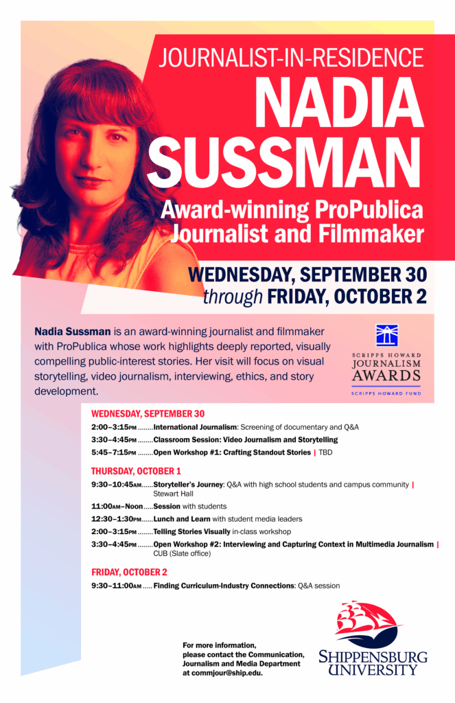 Sussman_JIR (1) Award-winning journalist Nadia Sussman visits Shippensburg University
